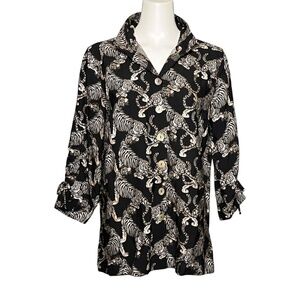 John Mark Tiger Print Wire Collar Cinch Tie Sleeve Button Front Black Top Size M